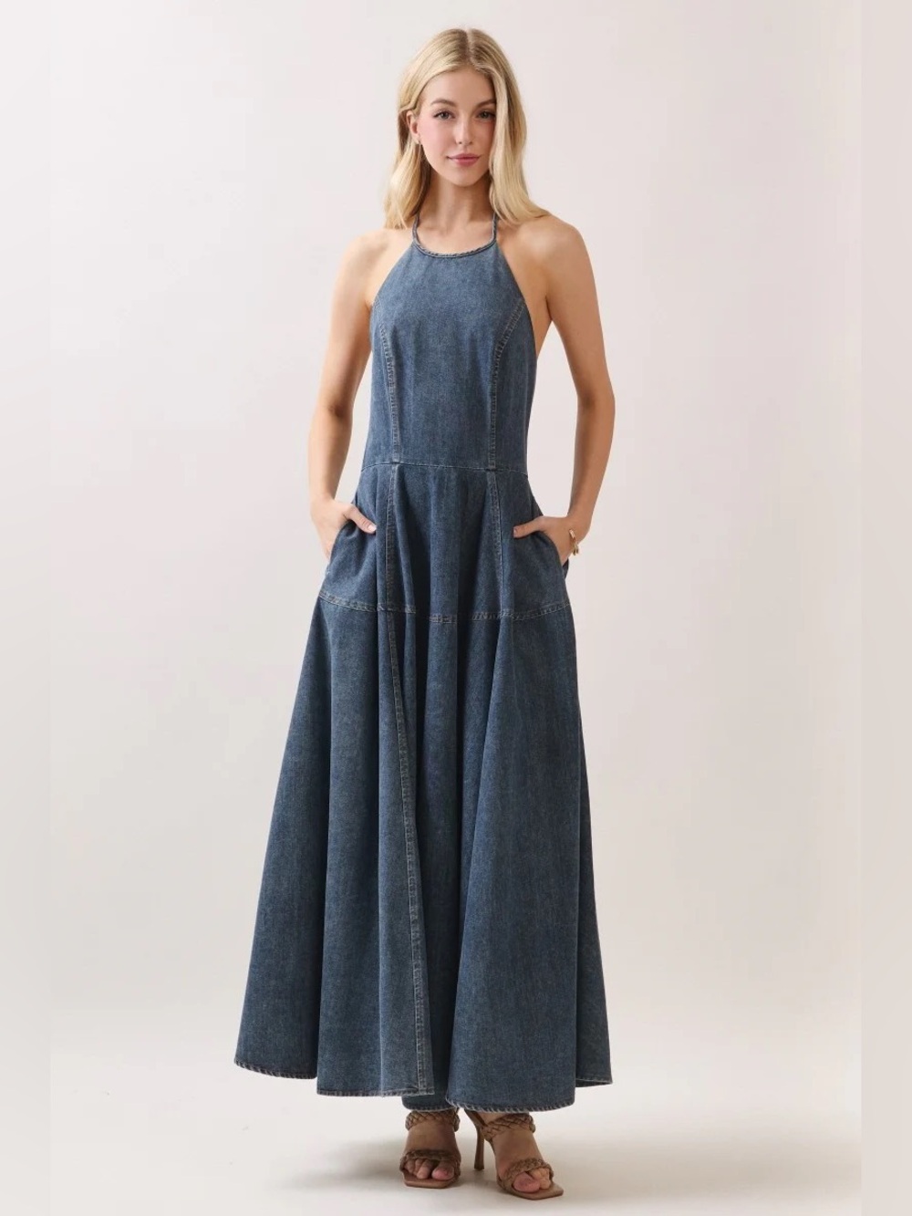 NWT Halter Blue Denim Maxi Dress with Pockets